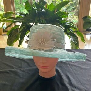 Elegant Lt.Blue Hat with White Pearl Floral Accent